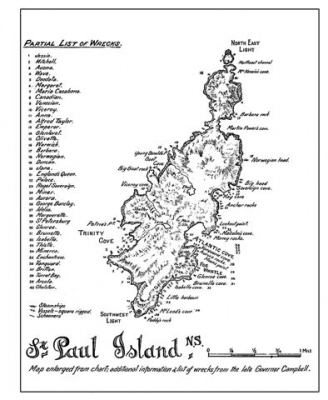 Early map of St. Paul Island showing the location of 40 shipwrecks.