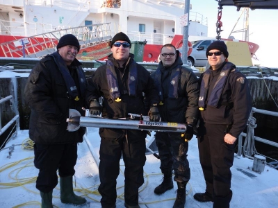 Halifax RCMP Underwater Recovery Team members complete side scan sonar training. From left to right: Tom McLeod, Ross Burt, Byron Mercer and Mark Bishop. 